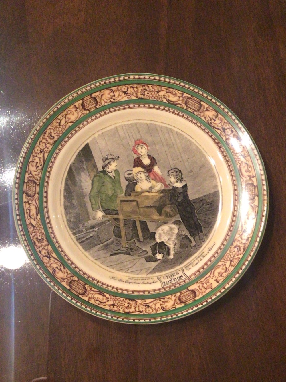 Adams Green and Cream Transferware Scene Plate with Hand-Coloring